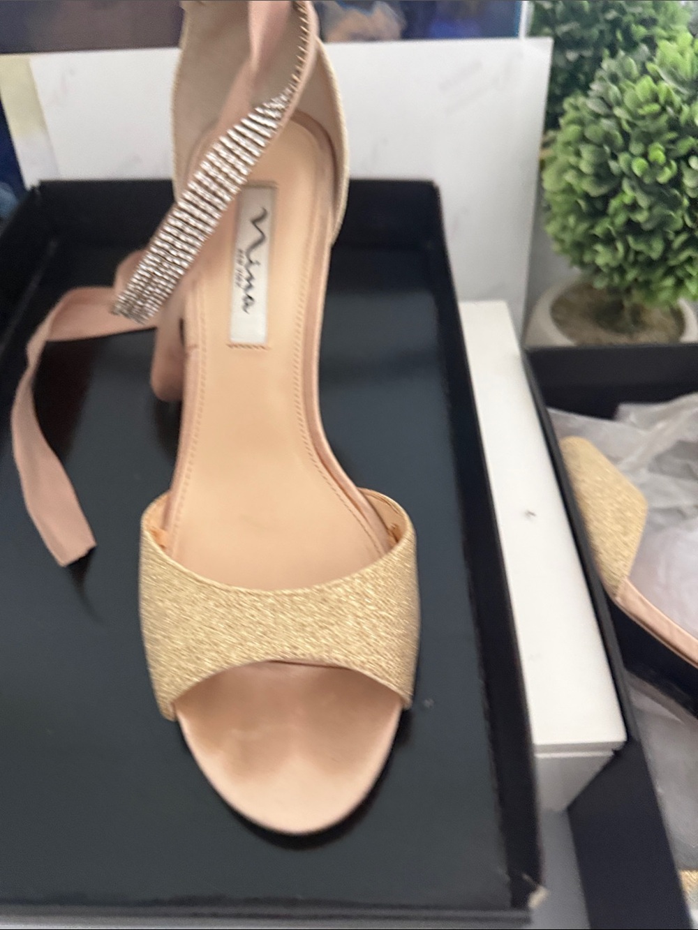 Nina Gold Glitter Block Heels  Pink Satin Ribbon